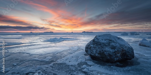 Fototapeta Naklejka Na Ścianę i Meble -  Gentoo Penguin on rocky shoreline, with smooth water in the background, emphasizing natural habitat for wildlife conservation