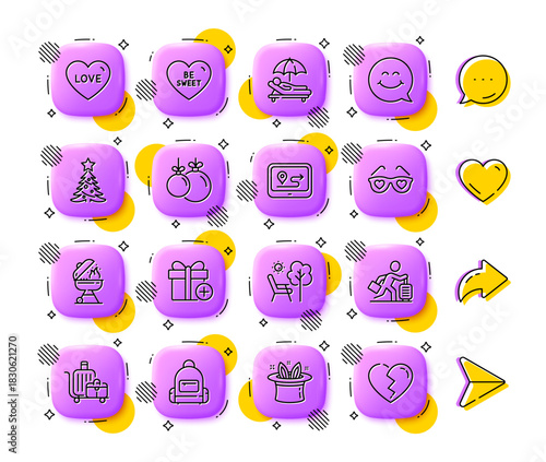 Deckchair, Smile face and Baggage cart line icons. App 3d buttons. Social media comment, share, like icons. Pack of Backpack, Love, Be sweet icon. Vector