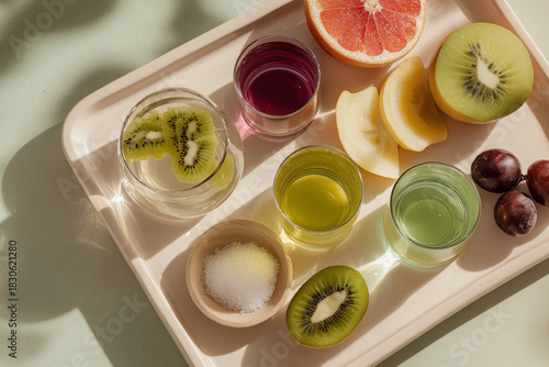 Vibrant fruit infused water for a refreshing summer beverage, perfect for healthy lifestyle blogs or wellness retreats with a modern, clean aesthetic