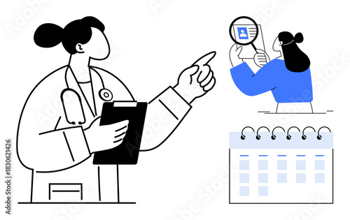 Medical appointment scheduling. A doctor reviews patient records, organization and healthcare efficiency. Medical appointment scheduling supports better care, time management, patient services