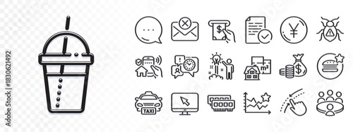 Yen money, Ranking stars and Software bug line icons for web app. Glare of light effect. Message icon. Pack of Coins bag, Time management, Atm service pictogram icons. Vector