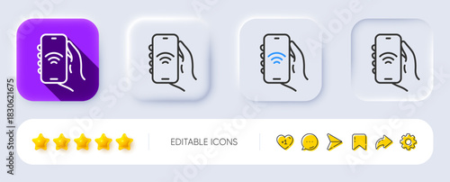 Internet app line icon. Neumorphic, Flat shadow, 3d buttons. Hand hold phone sign. Cellphone with screen notification symbol. Line internet app icon. Social media icons. Vector