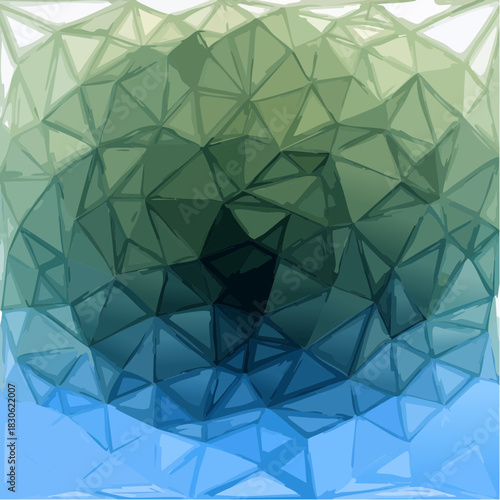 Abstract background with a low-poly triangular pattern in shades of blue and green, creating a modern crystal mosaic effect