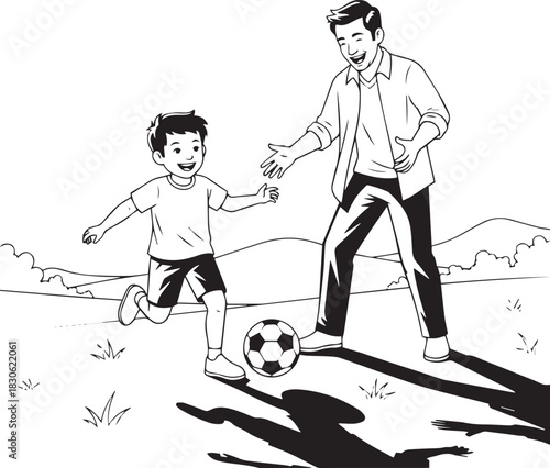 Father and son playing soccer in a field family