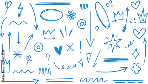 Hand drawn line arrow big comic set in sketch scribble doodle style. Vector illustration simple star, arrow, crown, lovely elements vector art