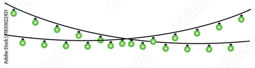 Illustration of two strands of green christmas lights hanging against a white background in a simple style , glowing holiday lights garland bulbs, twinkling fairy lights glow