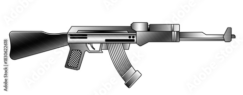 Assault rifle automatic weapon in vintage engraving style black and white etching of long gun firearm for military war concept design