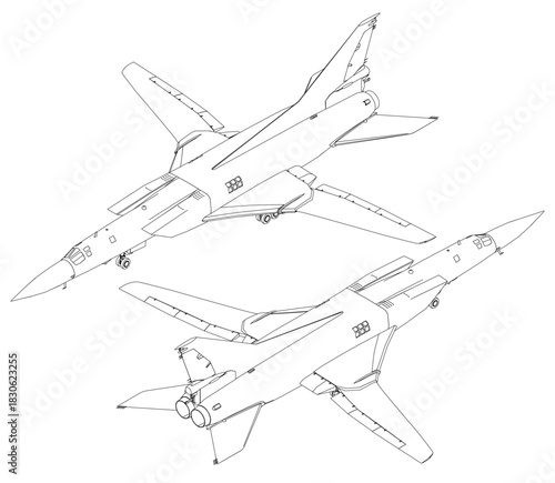 Two fighter jets in black and white contour illustration, featuring unique designs with detailed wings, engines, and military aircraft features.