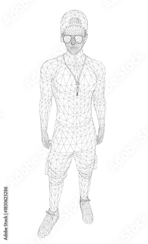 A stylish man, cap, and sunglasses stands confidently against a clean white background, wearing modern sneakers and pants.