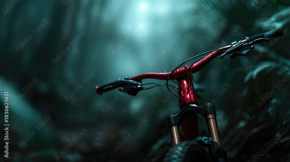 Fototapeta premium A close-up shot of a stunning red mountain bike's handlebars set against a misty forest backdrop, evoking feelings of adventure and the thrill of outdoor exploration.