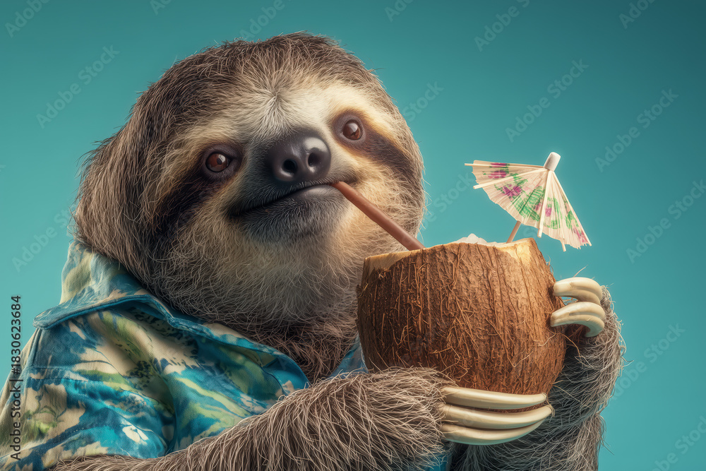 Obraz premium Hilarious sloth sipping a tropical coconut drink wearing a Hawaiian shirt, perfect for summer fun and vacation vibes, adding a touch of whimsical humor!