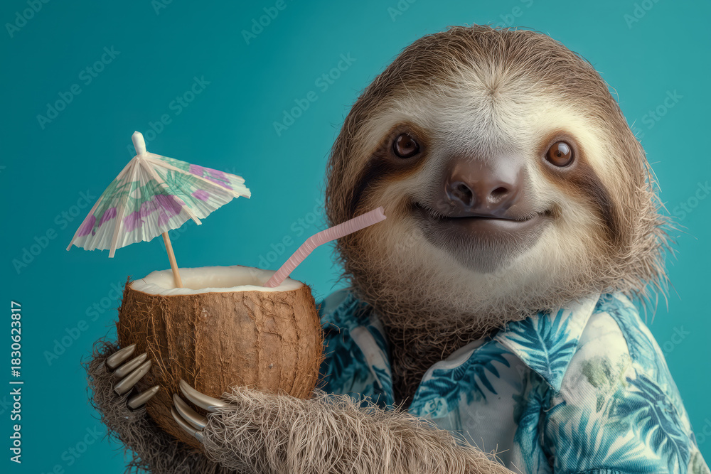 Obraz premium Relaxed sloth enjoying a refreshing coconut drink with a tiny umbrella, radiating tropical vibes and vacation happiness, perfect for summer promotions