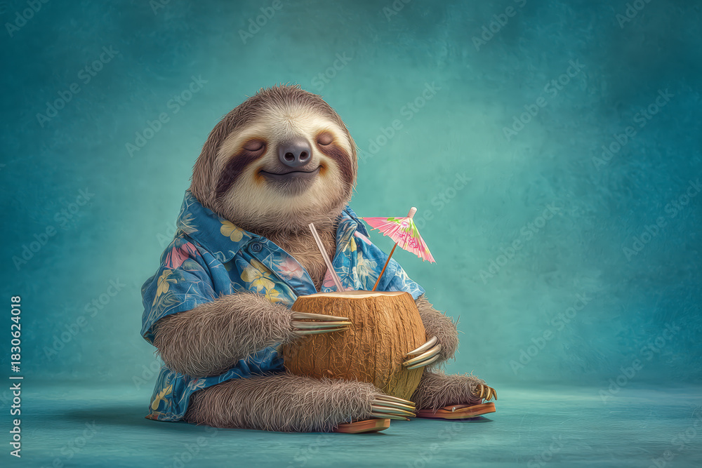 Fototapeta premium Adorable sloth enjoying a tropical vacation with a refreshing coconut drink and floral shirt feeling content and relaxed on a sunny day with a smile