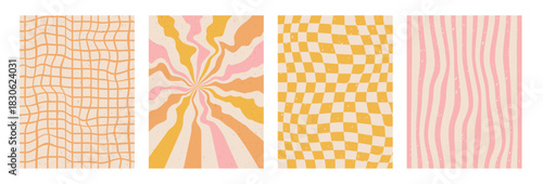 Groovy rainbow lines, checkerboard graphic backgrounds set. Wavy swirl starburst and strips vintage colors covers collection. Vector retro beige wiggle decoration ornament. Vertical covers.