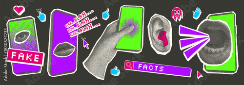 Fake news halftone and pixel art elements set. Hand, eye, mouth with phones and 8 bits faces. Collage with 8 bits pixel and cutouts. Retro icons collection. Vector stickers on dark background.