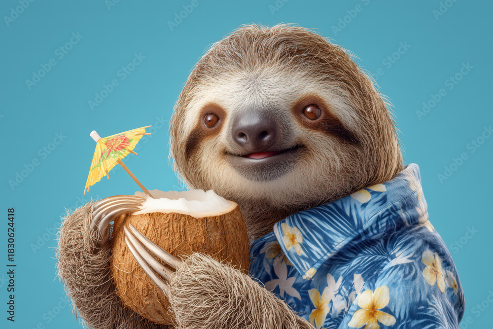 Fototapeta premium Adorable sloth enjoying tropical vibes with a coconut drink and Hawaiian shirt against a vibrant blue backdrop, perfect for summer promotions and fun content