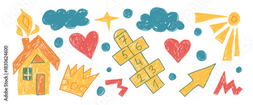 Kids elements crayon drawn set. House, hopscotch, sun and abstract doodle shapes on white background. Kindergarten naive figures. Vector childish scribble graphic art illustration by wax crayon chalk.