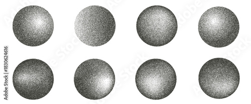 Grain noise vintage round forms set. Grunge dotwork gradient circles. Black geometric shapes of dots texture. Circular sand diffuse effect callouts. Vector halftone illustration on white background..