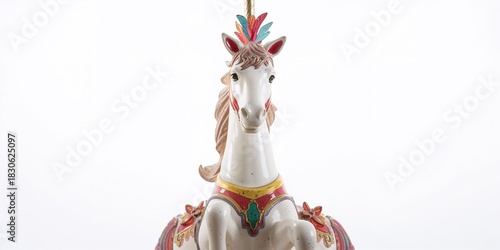 Close-up of a plastic carousel horse with feathers on its head, emphasizing maintenance and material durability, isolated on white background