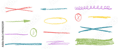 Multi colors underline crayons elements. Line vivid graphite pencil brush stroke textured. Wax chalk strikethrough marks set. Hand pen drawn highlight and emphasis. Vector scribble dividers.