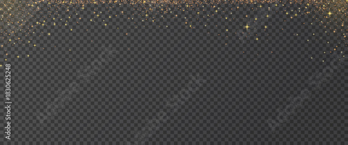 Golden glitter simple background. Shimmer spray effect for birthday celebration banners. Shiny confetti, stardust light powder texture. Festive particles on dark background. Vector illustration.