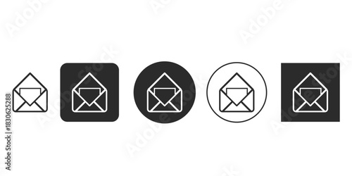 Open email envelope icon for digital communication and contact us button | Minimalist black and white vector symbol for new message notification | Flat user interface design element set 