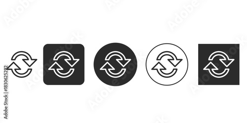 Black and white refresh or reload icon set vector illustration | Repeating process or cyclical arrows UI element symbols | Universal recycling and circular loop graphic design icons 