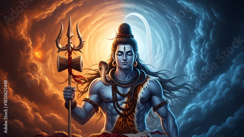 Mahadev Lord Shiva Standing Powerful Trident Serpent Blue Skin Surrounded Spiritual Cosmic Energy Divine Hinduism Mythological Figure Meditation Destroyer Universe Bholenath Shankar
