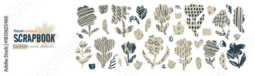 Scrapbook floral cutouts. Set of handmade flower paper shapes with crayon textures. Beige craft papers plant pieces. Vector scrap book cut outs chamomile, bellflowers illustration on white background.