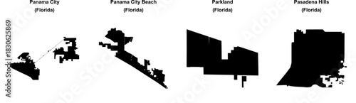 Panama City, Panama City Beach, Parkland, Pasadena Hills outline maps