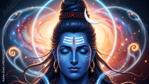 Divine Blue Lord Shiva Meditating In Cosmic Galaxy Vortex With Crescent Moon And Third Eye Symbolizing Pure Consciousness Power And Eternity Of Hindu God Mahadev Shanker Bholenath During Shravan Sawan