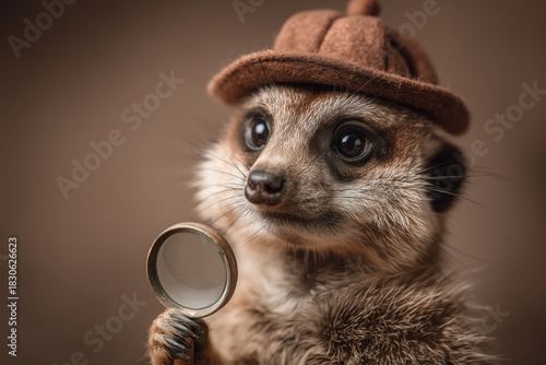 Charming meerkat detective wearing a hat and holding a magnifying glass, ready to solve mysteries with adorable determination and playful curiosity