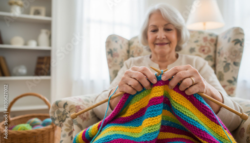 Happy Senior Woman Knitting a Colorful Striped Blanket, Enjoying Leisure and Hobby Time at Home