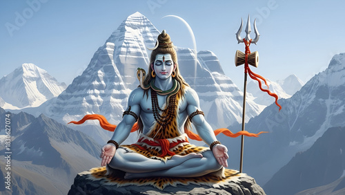 Mahadev Lord Shiva Meditating Peacefully In Serene Himalayas Adorned With Cobra Snake Rudraksha Mala On Tiger Skin Atop Mount Kailash Snowy Mountain Range Celestial Divine God Hindu Religious Spiritua
