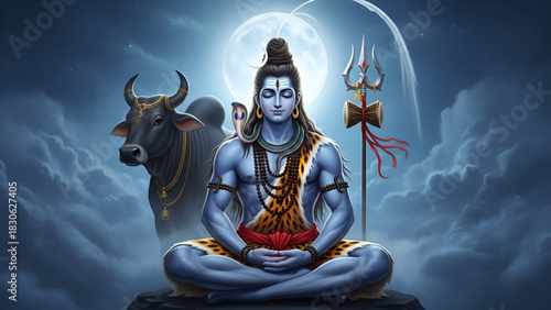 Lord Shiva Mahadev Meditation Pose Nandi Bull Himalayan Mountains Full Moon Night Digital Painting Mystical Hindu God Shankar Bholenath Sawan Month Shravan Spiritual Yoga Indian Culture Worship 