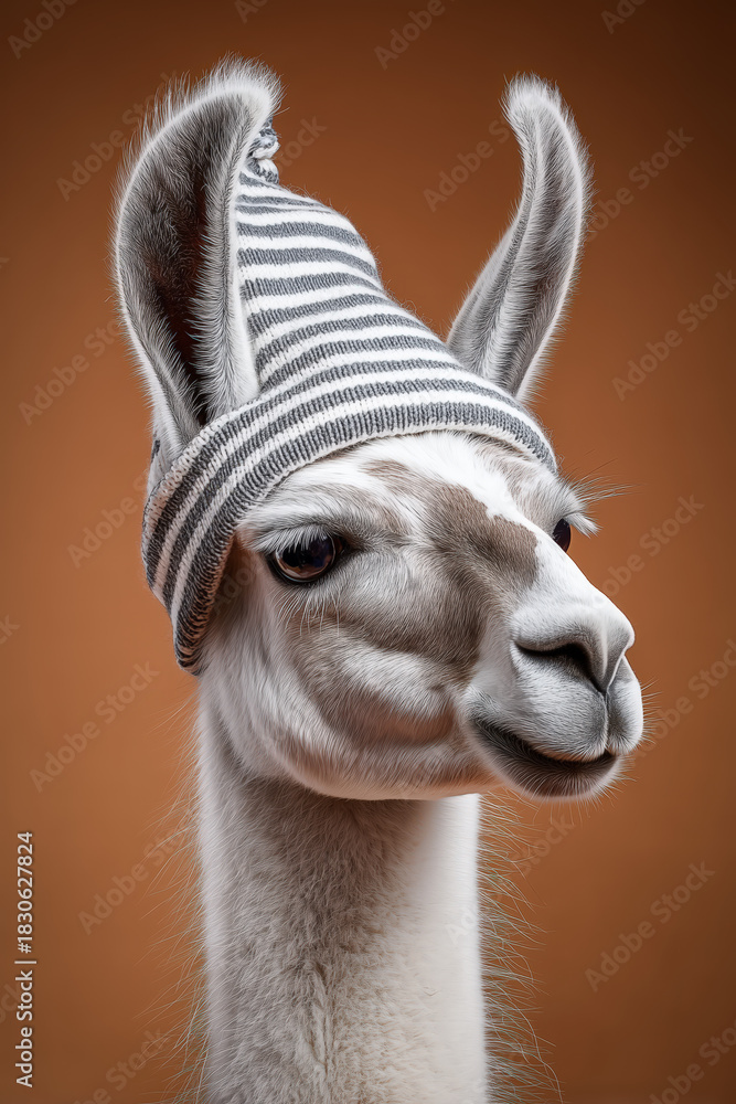 Naklejka premium Adorable llama with a striped hat looking curious and cute against warm backdrop brings a touch of whimsy and charm, perfect for fun, playful designs