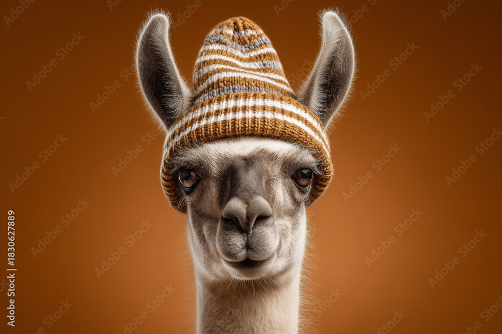 Naklejka premium Adorable llama wearing a cozy striped beanie hat with endearing eyes, perfect for whimsical designs and heartwarming projects bringing joy and laughter