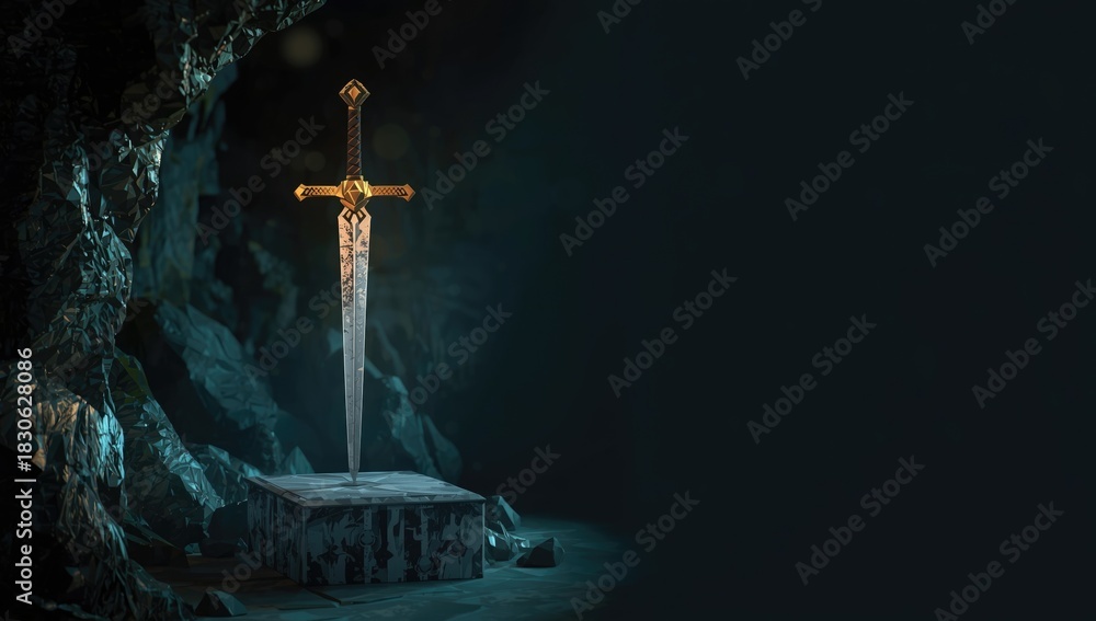 Naklejka premium Low-poly heroic sword suspended in a mystical cave, emphasizing fantasy weapon maintenance, explorer's booty, No specific holiday