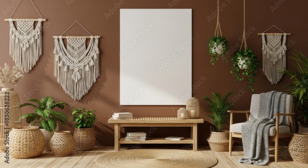 Obraz premium Bohemian interior design with a blank canvas and earth tones for creative living