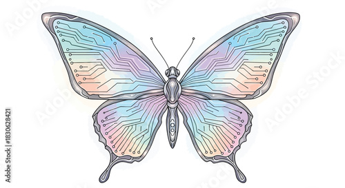 Cyber Butterfly with Holographic Circuit Board Wings, Digital Nature and Futuristic Technology Concept Vector Illustration