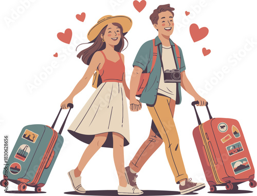 Couple Traveler Going on Trip Together with Luggage and Smiling on Transparent Background Flat Vector Illustration Design