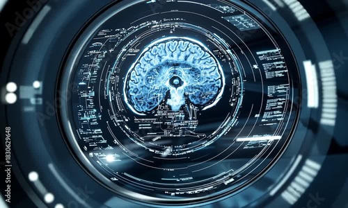 Futuristic brain scan interface with complex data visualization