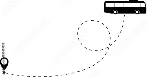 Bus driving on dotted route with map pin. A Bus and dotted line. Dashed line route. Travel navigation routes with dash line path, location pins and bus. Bus icon with line start point set. Bus driving