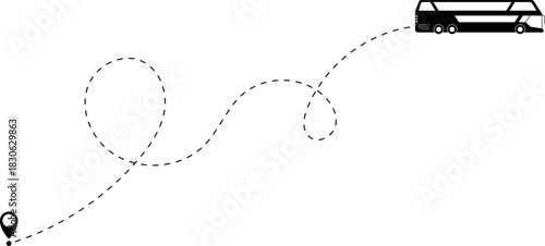 Bus driving on dotted route with map pin. A Bus and dotted line. Dashed line route. Travel navigation routes with dash line path, location pins and bus. Bus icon with line start point set. Bus driving
