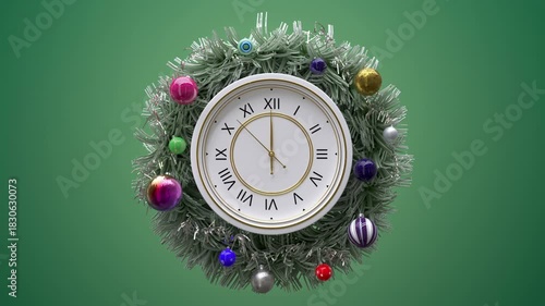 Christmas tinsel wreath Clock time garland waving on the wind with alpha channel. Celebration New Year. 3D animation