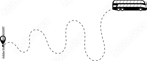 Bus driving on dotted route with map pin. A Bus and dotted line. Dashed line route. Travel navigation routes with dash line path, location pins and bus. Bus icon with line start point set. Bus driving
