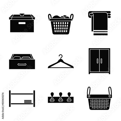 Home Organization And Storage Icons Including Boxes Baskets Hangers Wardrobe And Shelves vector illustration