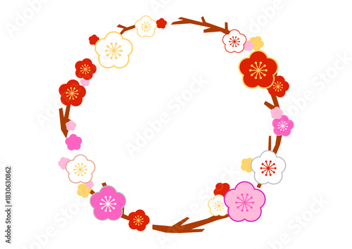 梅の花の輪のフレームのイラスト（Plum Blossom Wreath Frame Illustration）