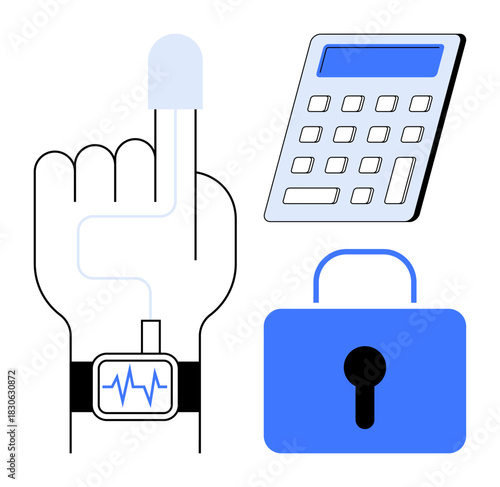 Fingerprint scanner connected to biometric device, digital lock, and keypad representing secure access. Ideal for technology, security, privacy, authentication, data protection, identity smart