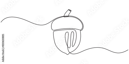Acorn in one line black color on white background. Acorn design in line art style. Acorn icon design, One line art acorn. Single line art. Nature illustration for design, Acorn. Vector illustration.